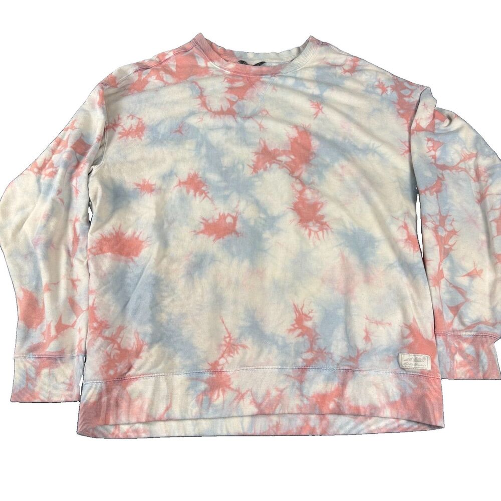 Eddie Bauer Womens L Tie Dye Crewneck Sweatshirt Pink Blue Pullover Fleece EUC